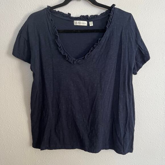Neiman Marcus Ruffle Tee Top Navy Blue V-Neck Pullover Cotton Short Sleeve Sz M - Picture 1 of 5